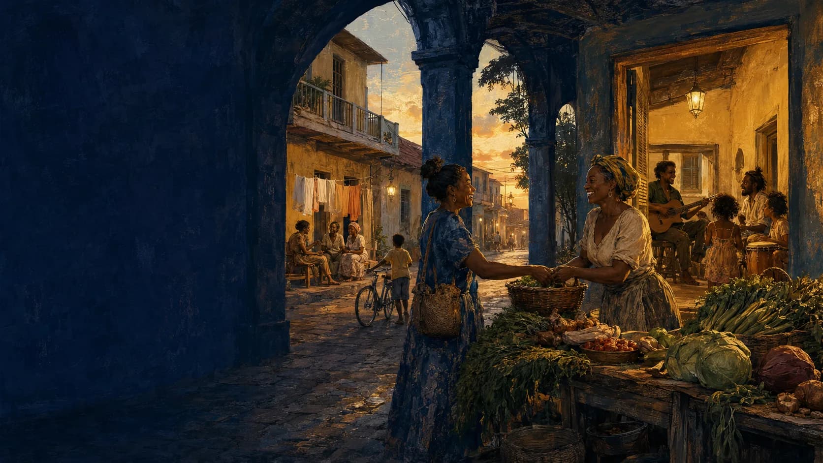 Painterly illustration of a Caribbean evening market arcade with warm string lighting, courtesy of LuxTuris Editorial