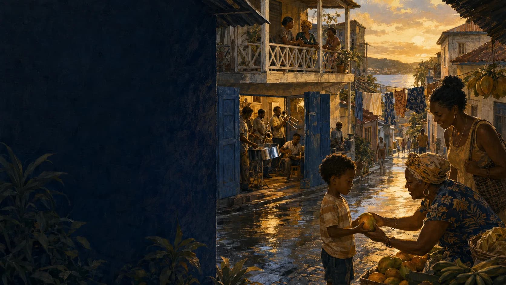 Photorealistic Caribbean street scene with mango vendor and music at golden hour