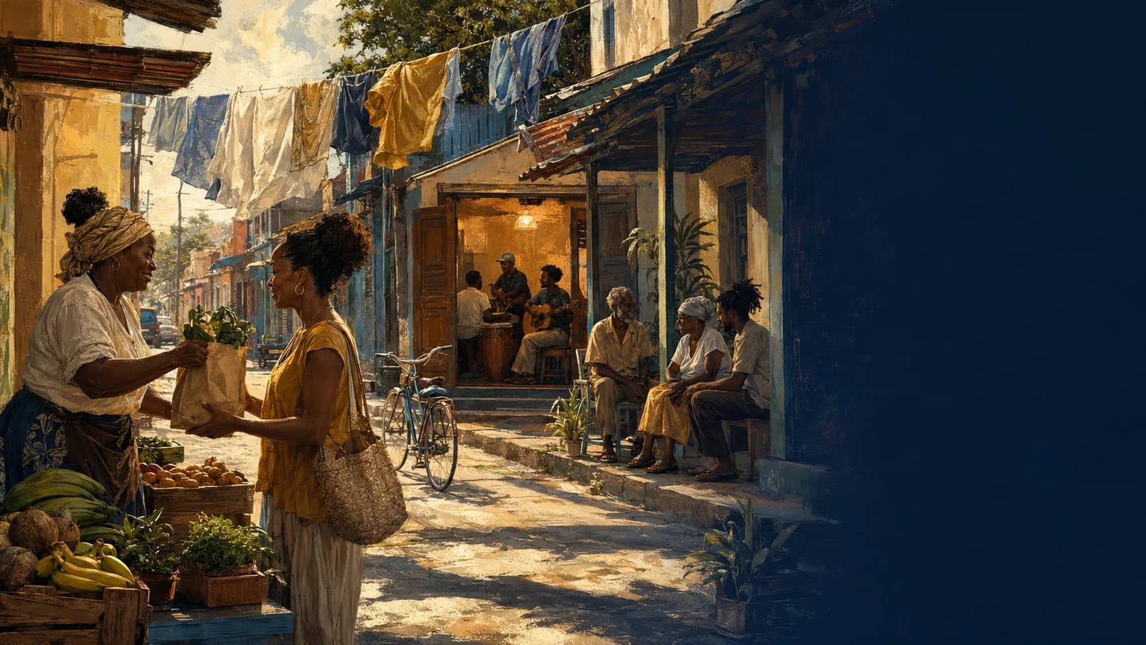 Photorealistic Caribbean market doorway and veranda scene with warm editorial light