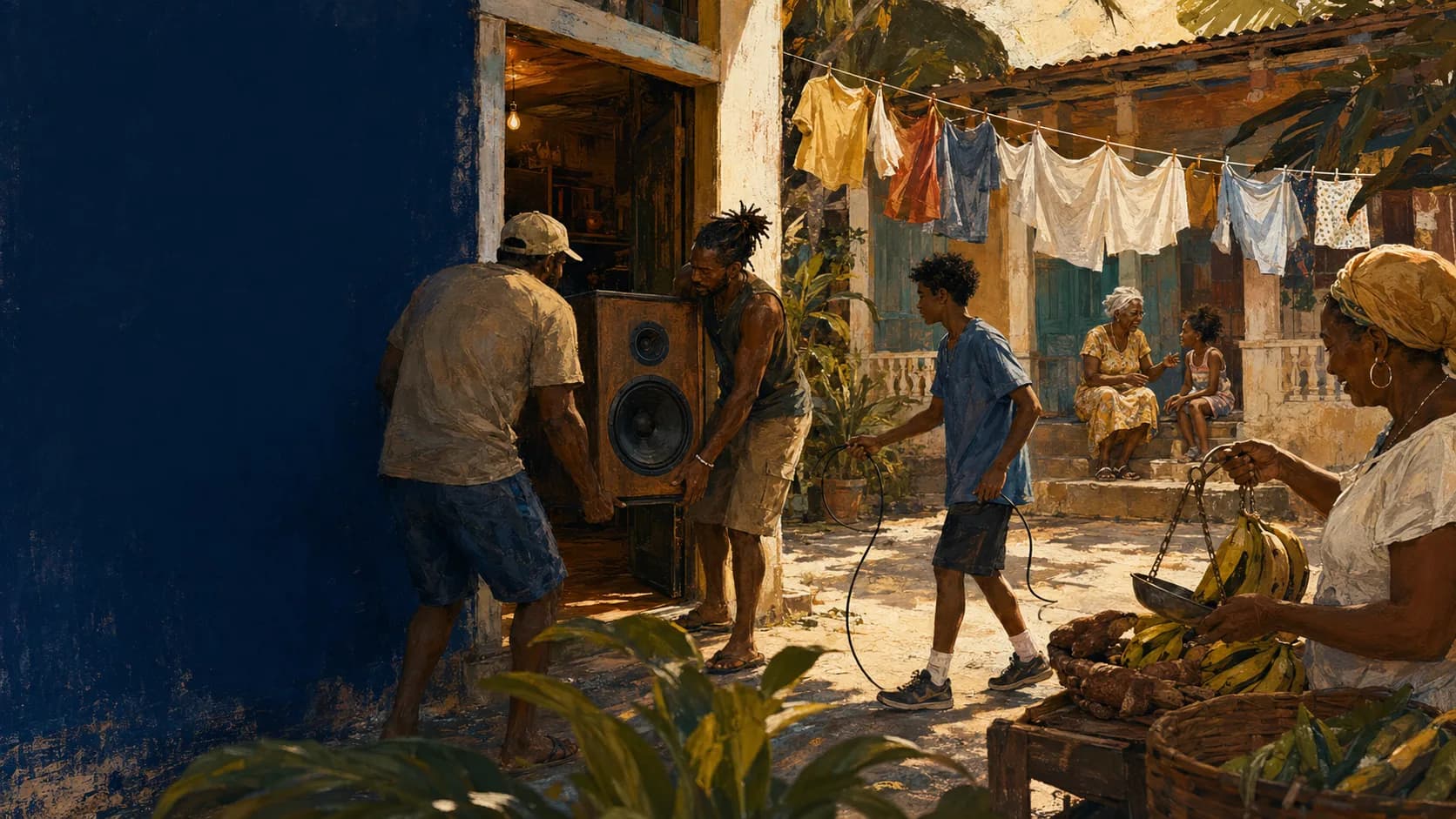 Photorealistic Caribbean yard scene with a sound system speaker and shared community space