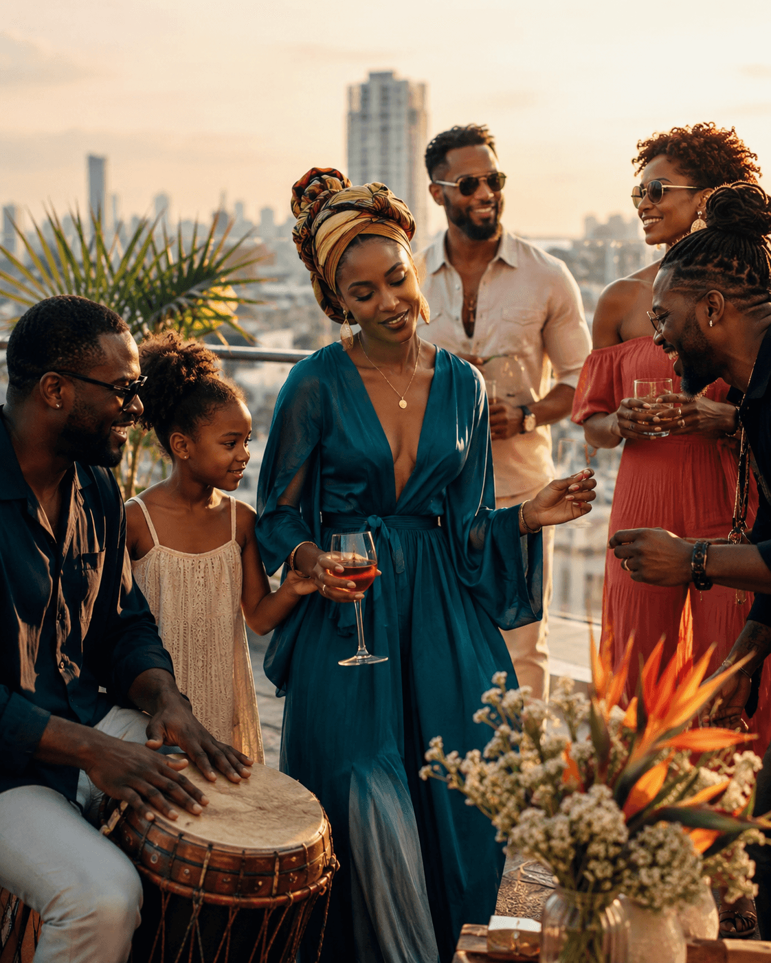 AI-generated Caribbean diaspora editorial scene with city life and island memory