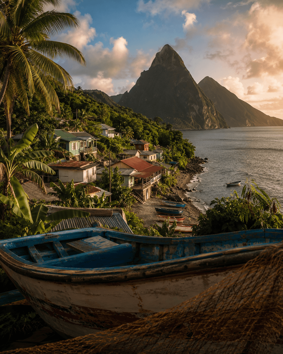 AI-generated Saint Lucia editorial island scene with the Pitons, coastline, and golden light