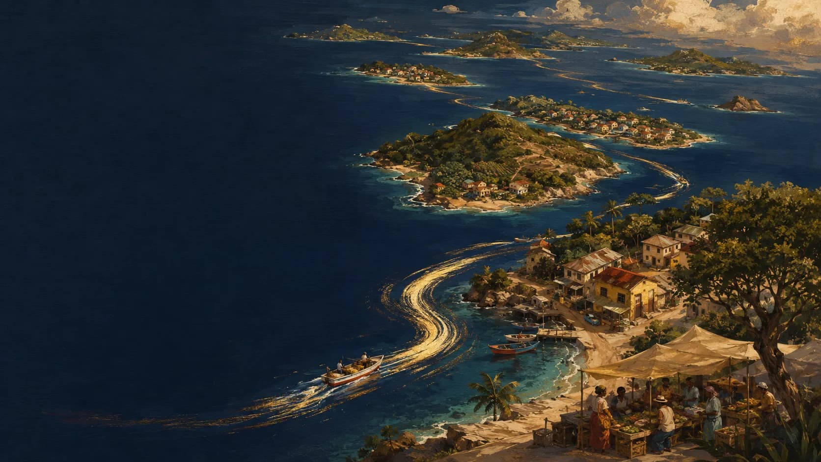 Photorealistic aerial-style view of a Caribbean archipelago with island chain and coastal light