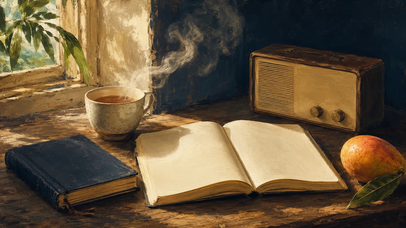 Photorealistic Caribbean editorial still life with journal, print, and cultural objects