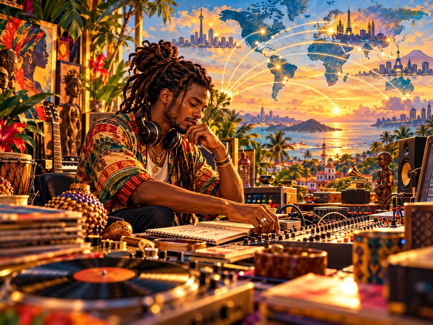 An editorial illustration of a Caribbean music producer working among instruments and recording equipment.