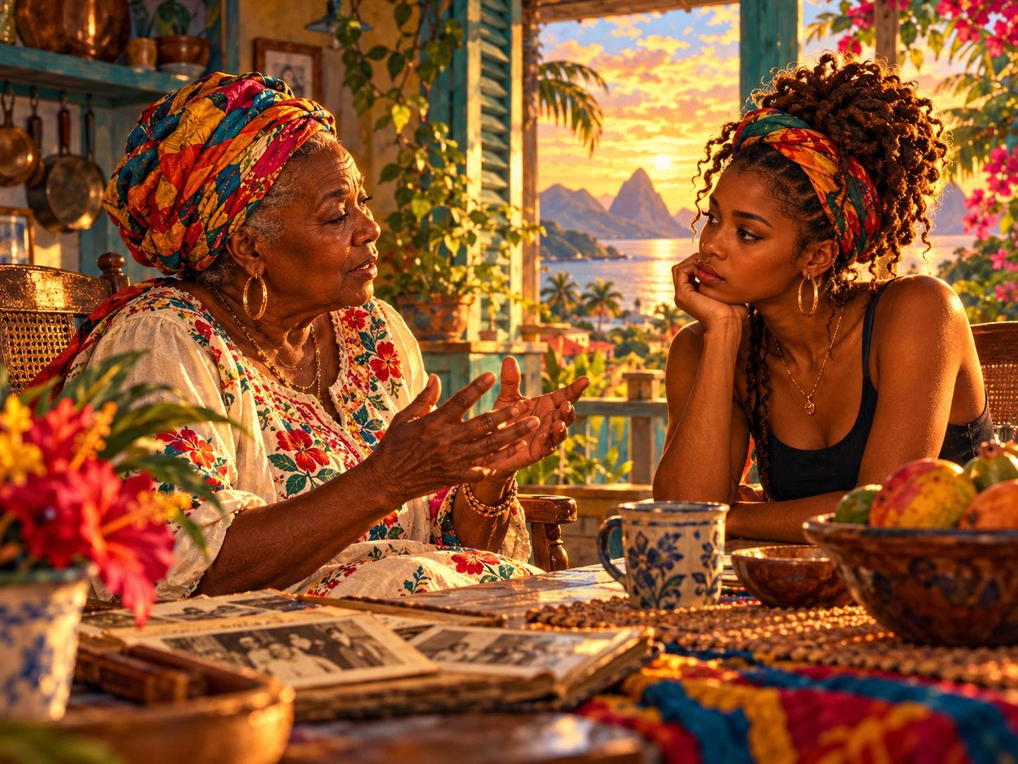 An editorial illustration of two generations conversing in a warmly lit Caribbean family home.
