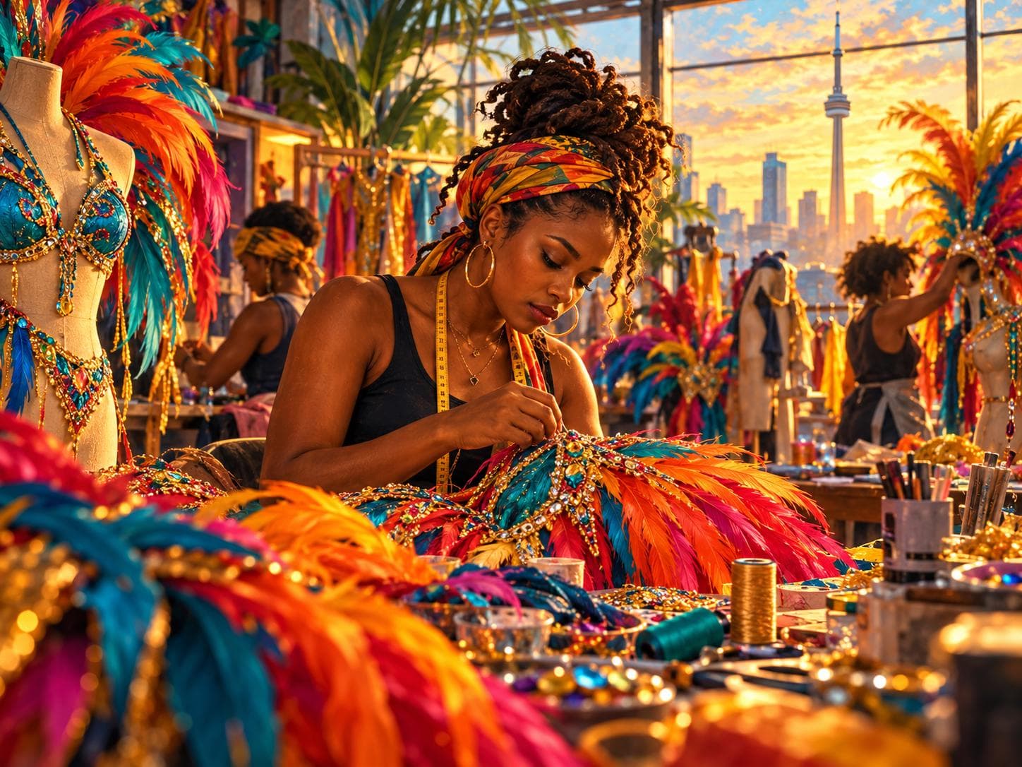 An editorial illustration of a Caribbean costume maker working on vivid Carnival costumes in a Toronto studio.