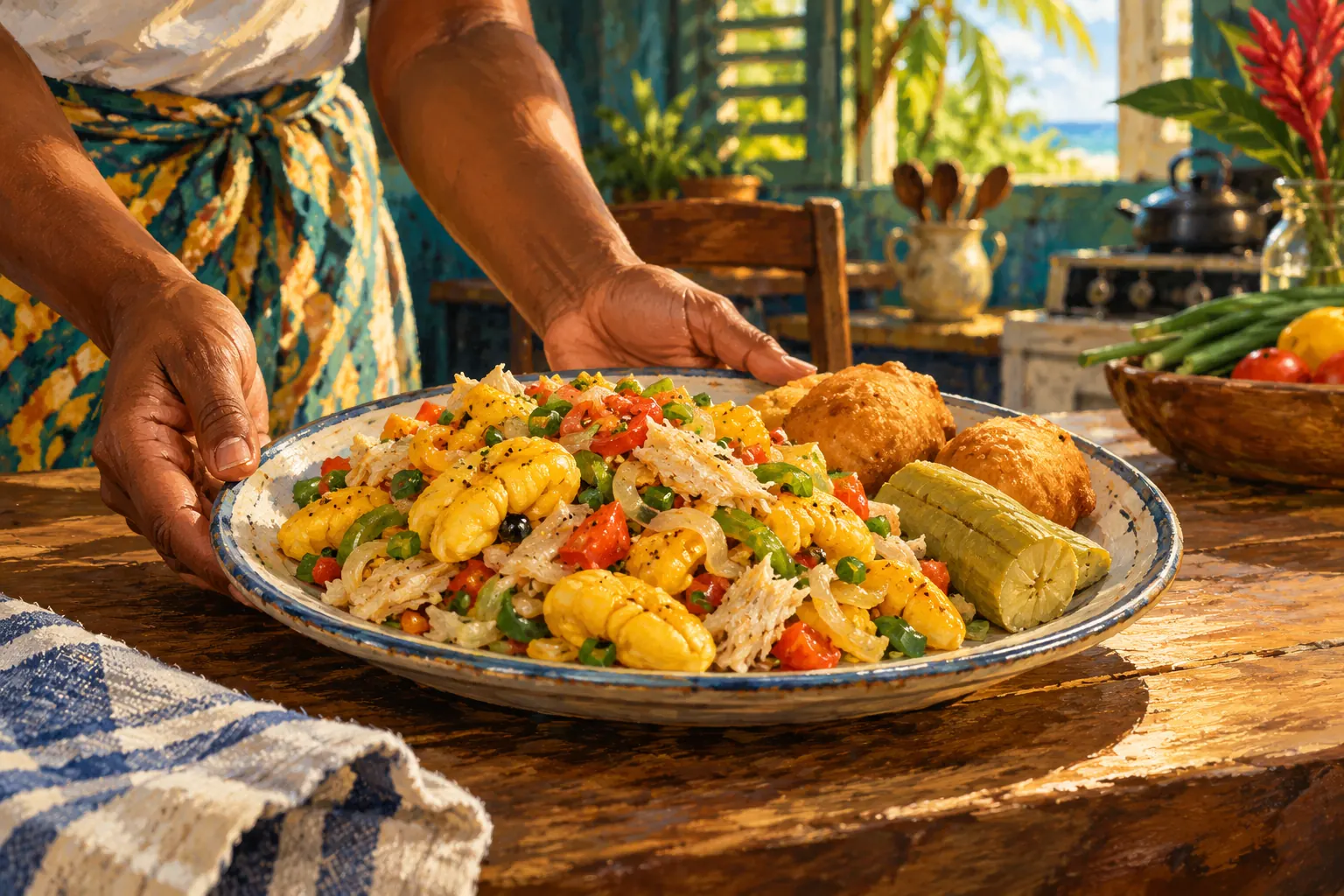 Painterly illustration of a prepared ackee and saltfish meal with flaky cod, vegetables, and dumplings in a Jamaican kitchen.