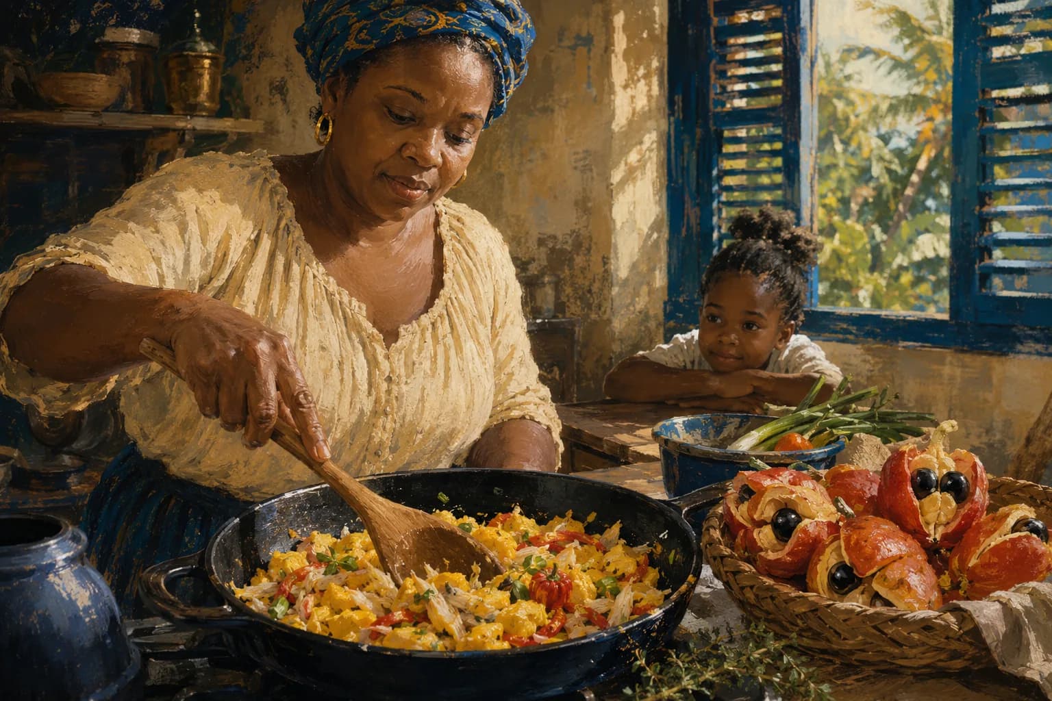 Premium photorealistic ackee and saltfish editorial scene with warm Jamaican kitchen light