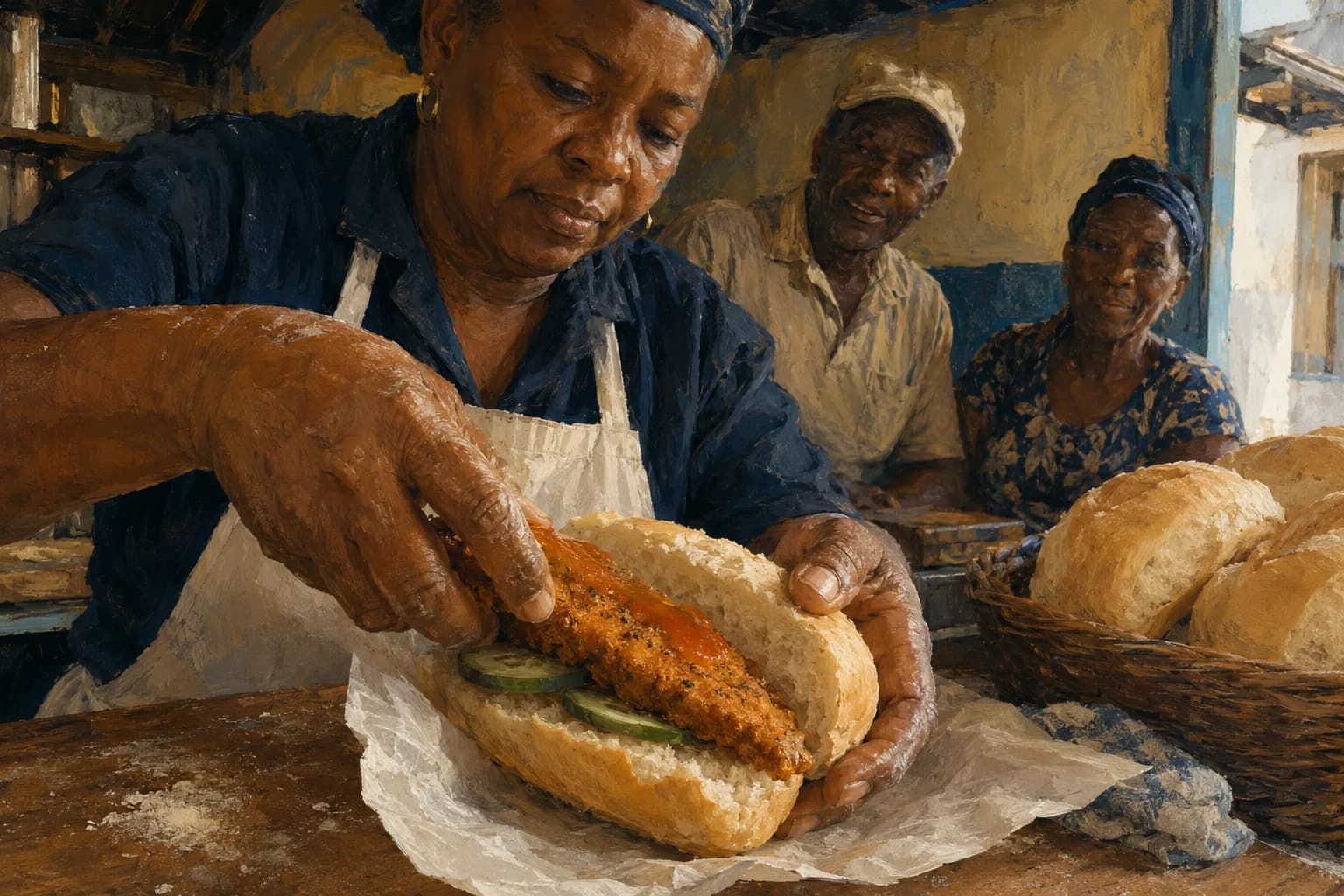 Premium photorealistic Barbados food culture editorial scene with warm daylight, sea air, and refined composition