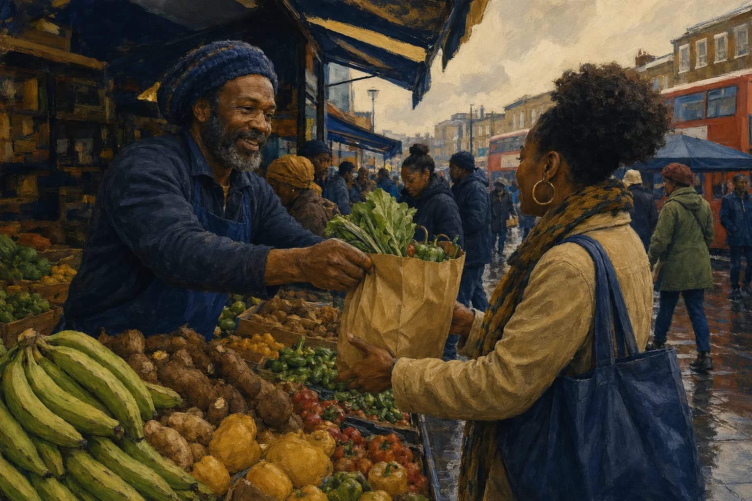 Painterly illustration of a Brixton Market scene with Caribbean grocers and warm London light, courtesy of LuxTuris Editorial