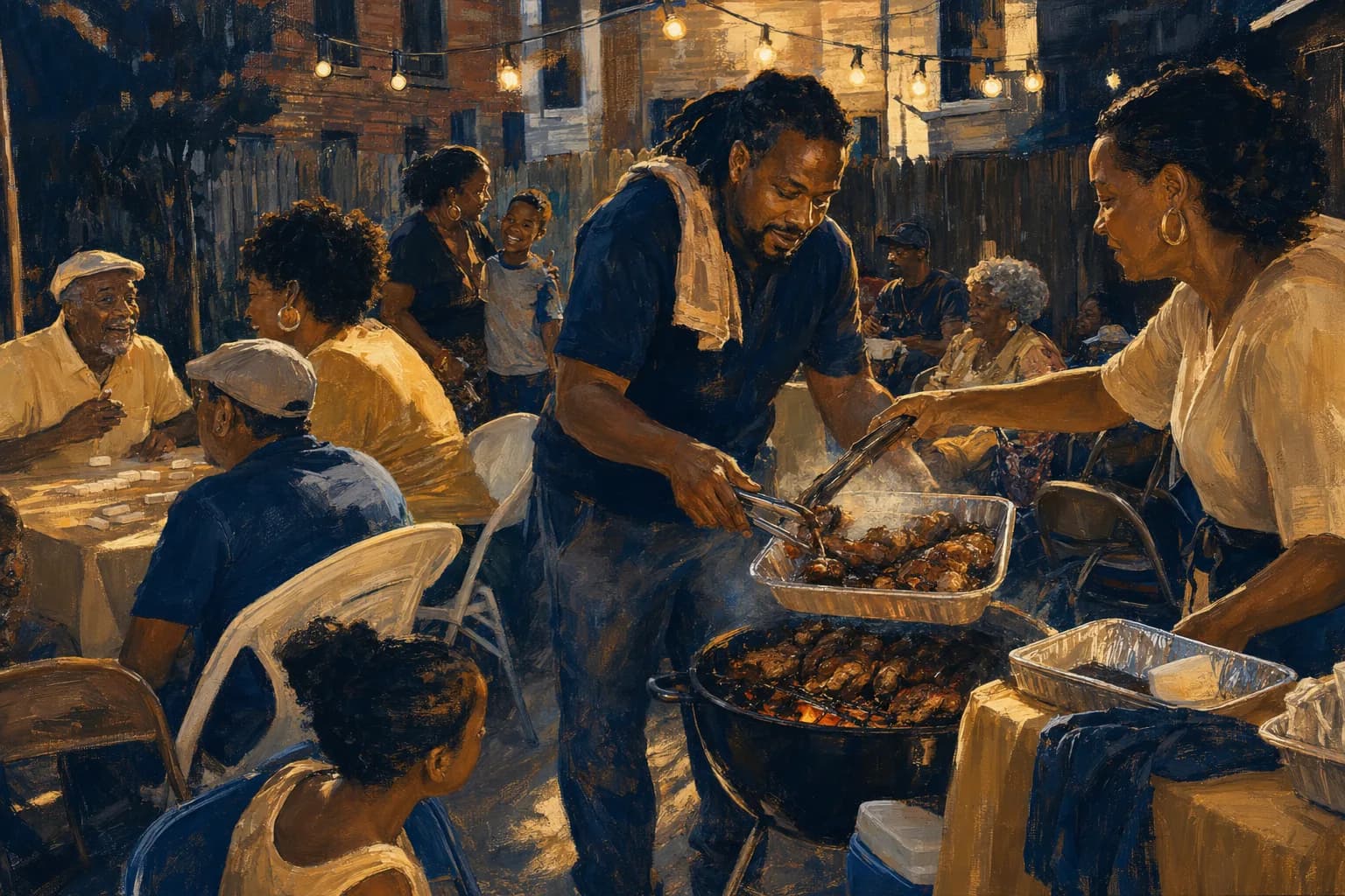 Painterly illustration of a Brooklyn Caribbean diaspora scene with bakery and street detail, courtesy of LuxTuris Editorial