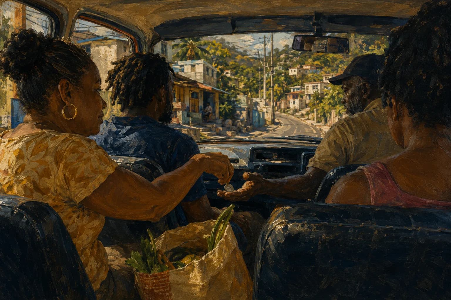 Painterly illustration of a Jamaica travel scene with coastline, town texture, and warm natural light, courtesy of LuxTuris Editorial