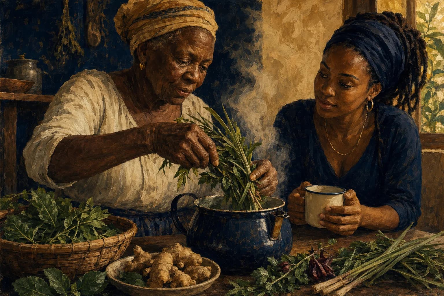 Painterly illustration of a Caribbean herb table and bush tea scene with warm kitchen light and refined texture, courtesy of LuxTuris Editorial