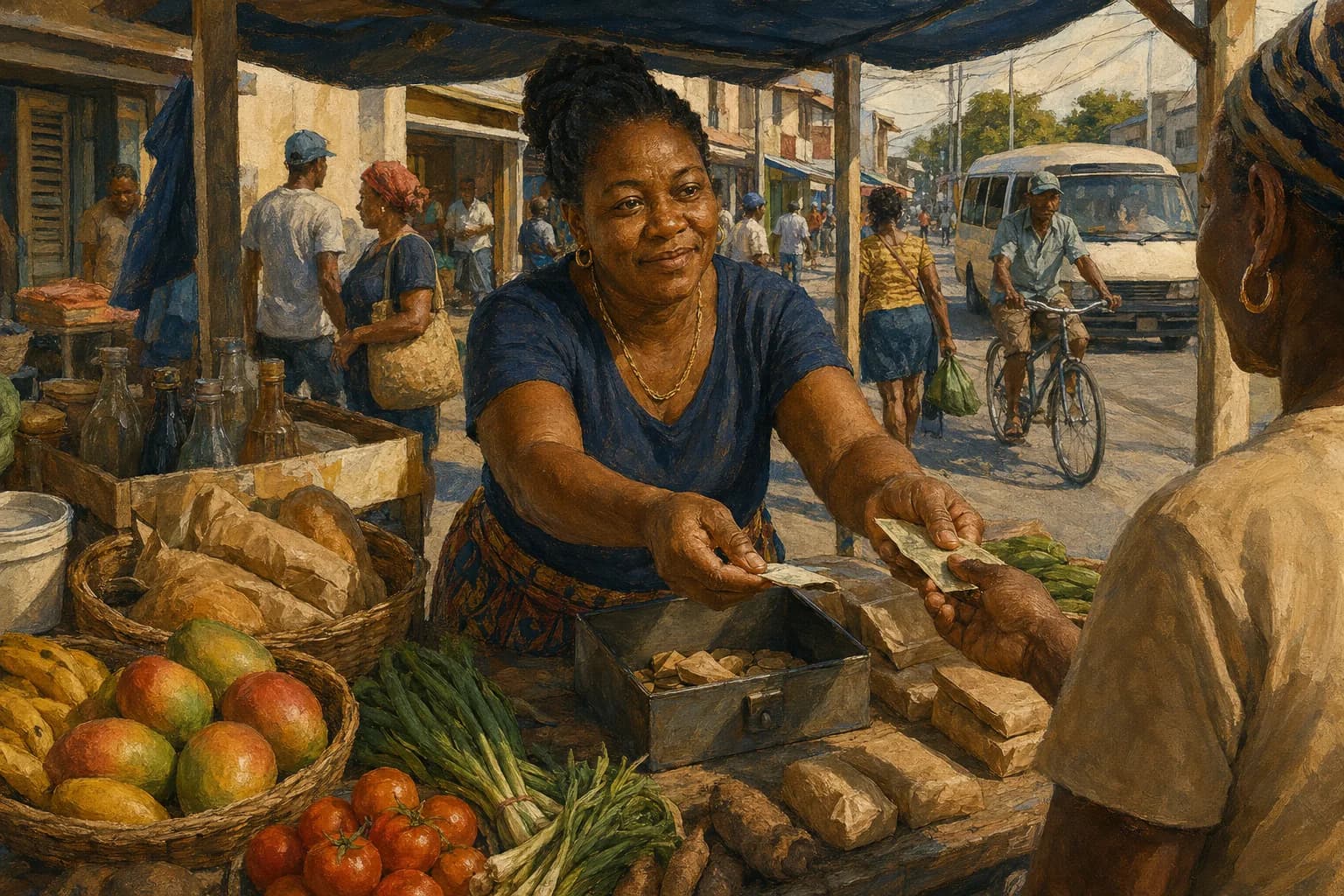 Painterly illustration of a Caribbean vendor desk with notebooks, receipts, market texture, and warm light, courtesy of LuxTuris Editorial