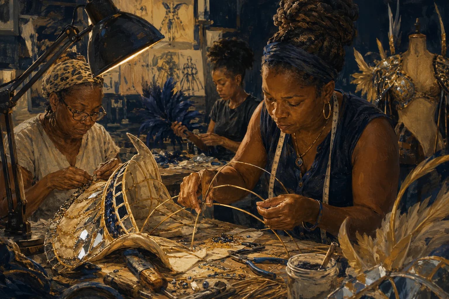 Premium photorealistic Caribbean carnival editorial scene with costume detail, warm daylight, and refined island color