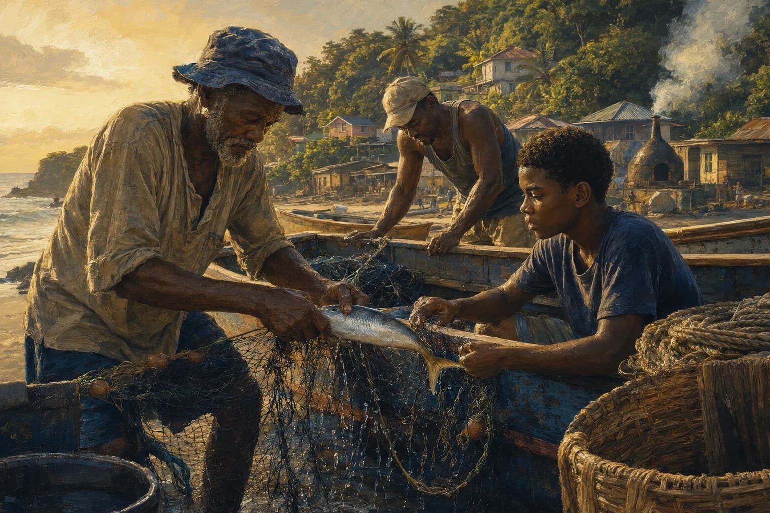 Painterly illustration of a Tobago fishing village scene with pirogues and warm coastal light, courtesy of LuxTuris Editorial