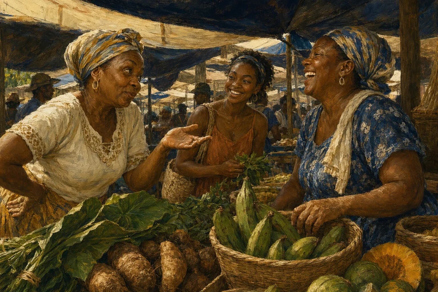Painterly illustration of a Caribbean language scene with storytelling, notebooks, and warm natural light, courtesy of LuxTuris Editorial
