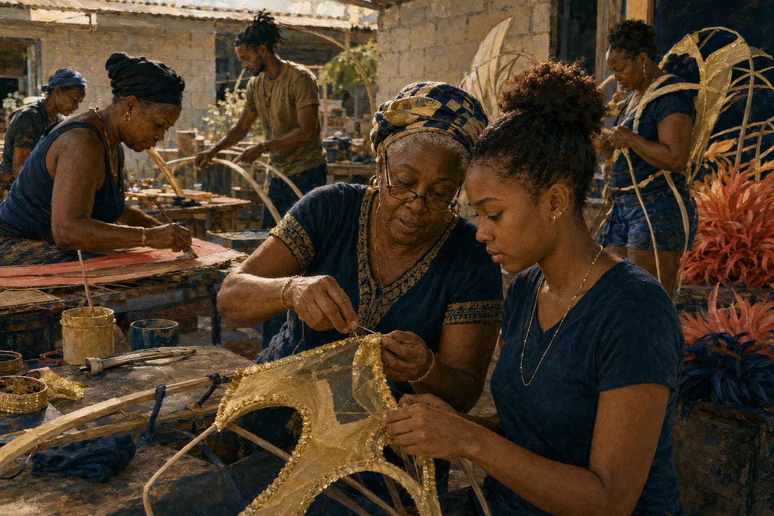 Painterly illustration of a Barbados festival scene with warm coastal light and carnival detail, courtesy of LuxTuris Editorial
