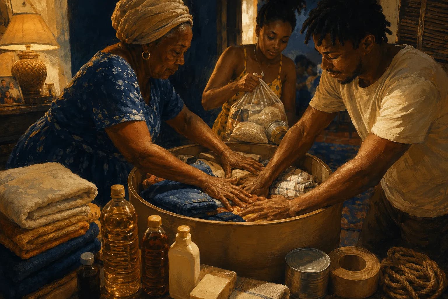 Painterly illustration of a Caribbean diaspora home scene with a family archive, city light, and island memory, courtesy of LuxTuris Editorial