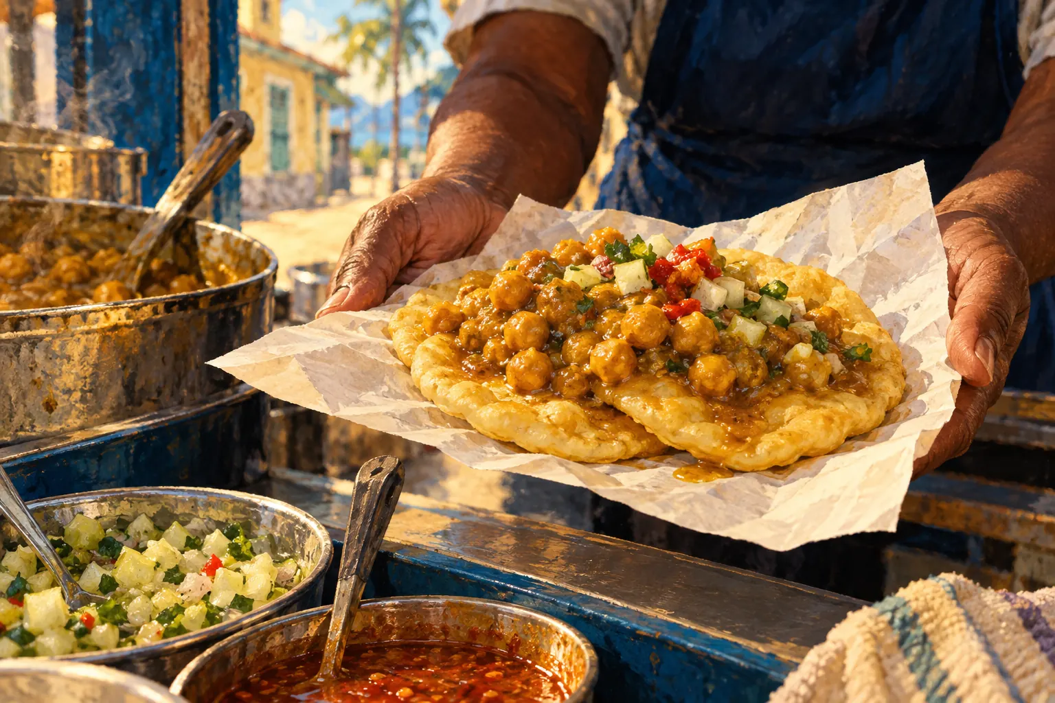 Painterly illustration of two overlapping bara topped with curried channa and chutneys at a Trinidad street food stall.
