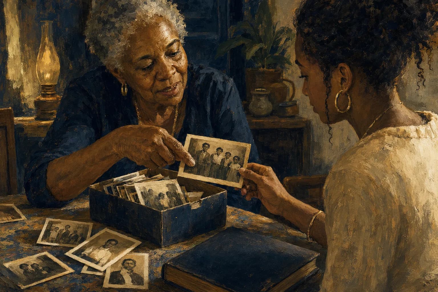 Painterly illustration of a Caribbean family photo album scene with warm archival light, courtesy of LuxTuris Editorial