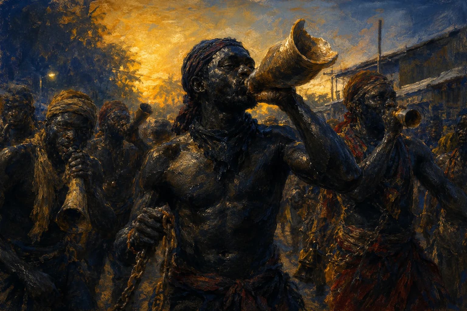 Painterly illustration of a Grenada carnival scene with dramatic warm light and cultural texture, courtesy of LuxTuris Editorial