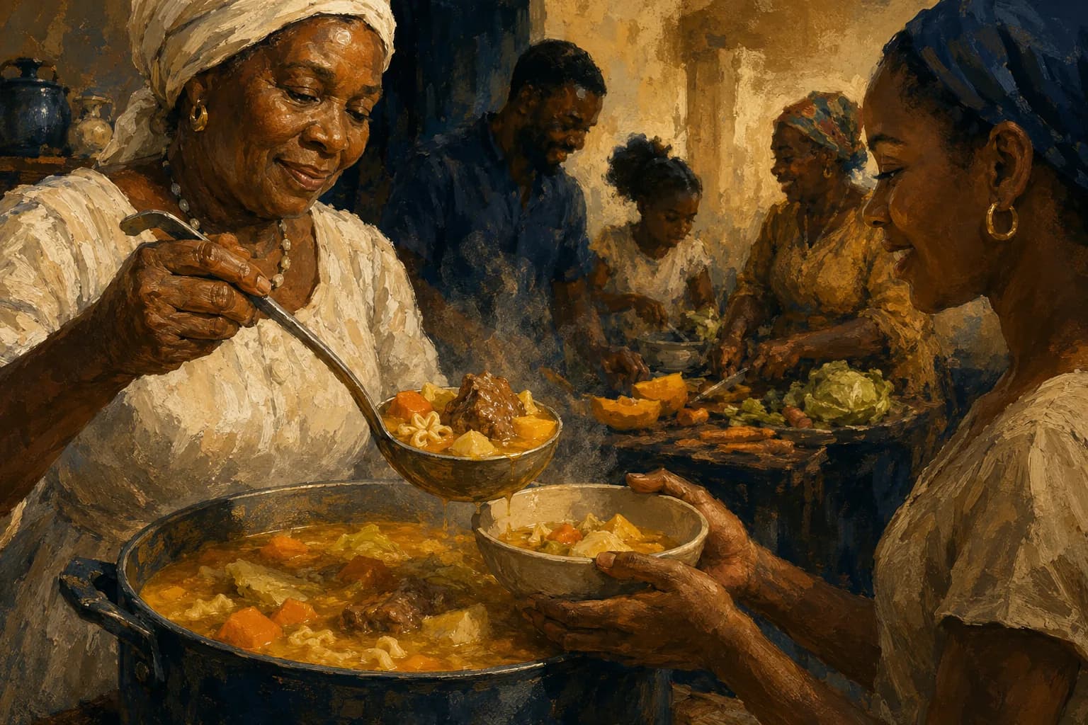Painterly illustration of a Haitian soup and family table scene with warm light, courtesy of LuxTuris Editorial