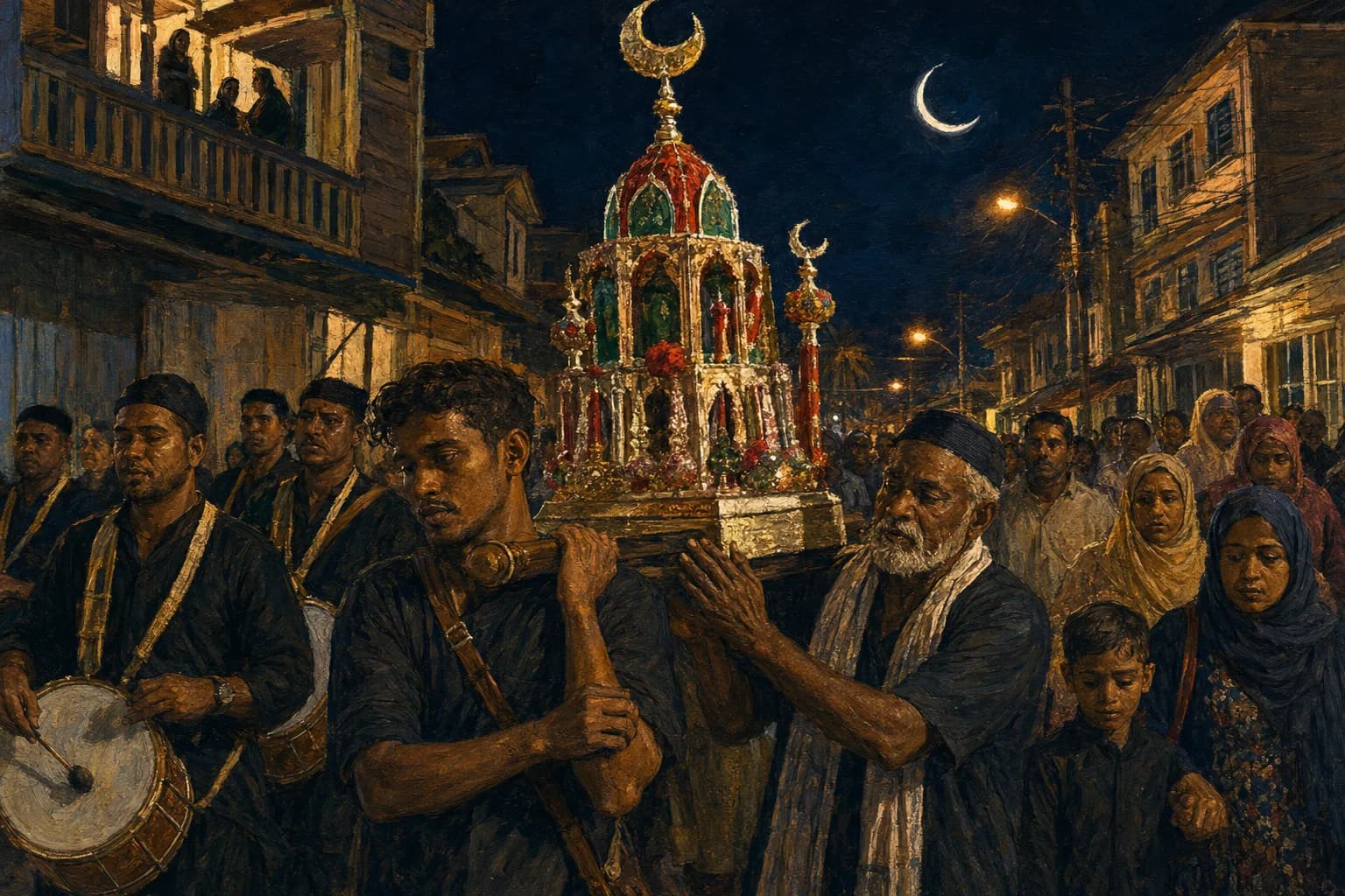 Painterly illustration of a Hosay procession with a tadjah, created for LuxTuris
