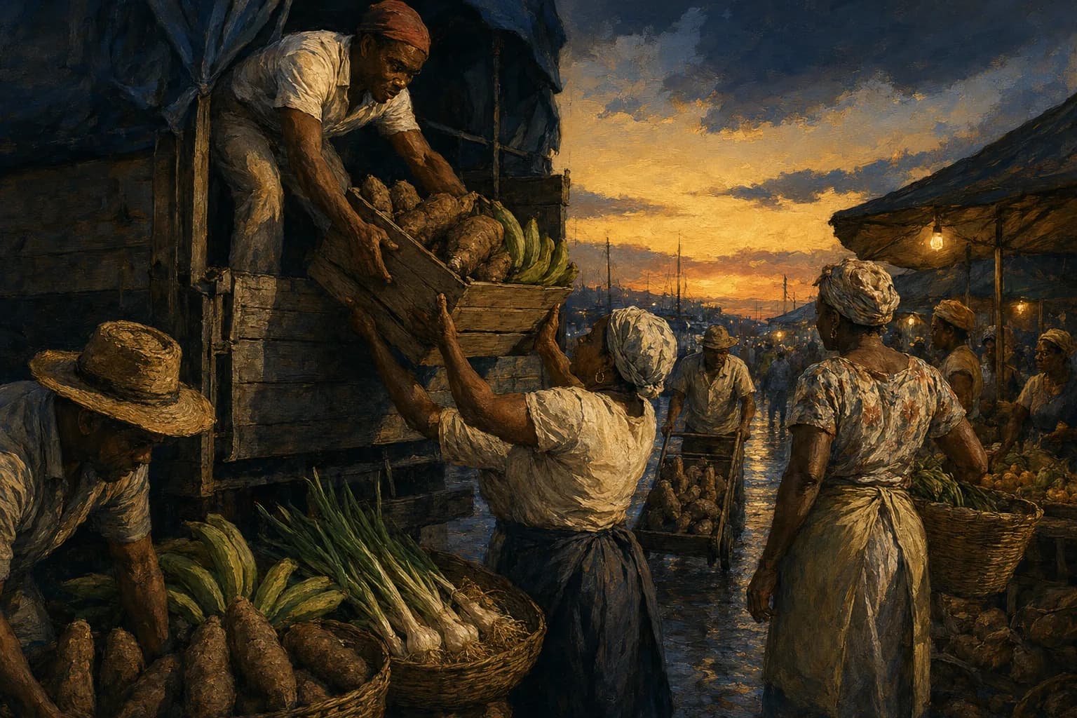 Premium photorealistic Caribbean market morning editorial scene with produce, vendors, and warm light
