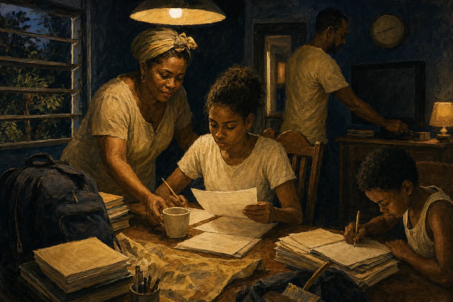 Painterly illustration of a Caribbean study desk with notebooks, warm light, and household cultural detail, courtesy of LuxTuris Editorial