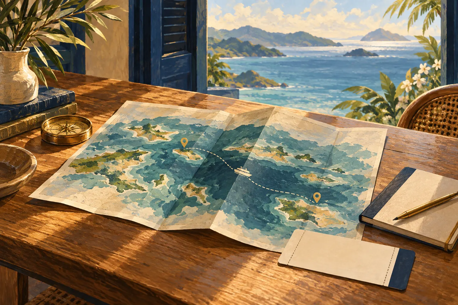 Illustration of an island route map and notebook on a sunlit desk overlooking the sea.