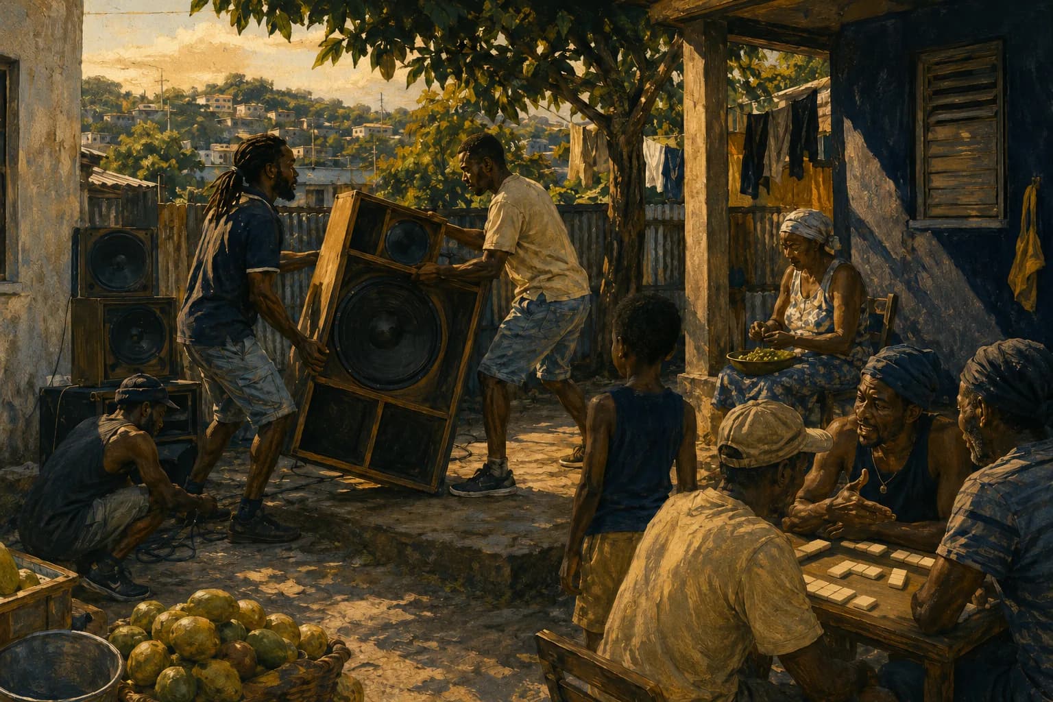 Painterly illustration of a Jamaica scene capturing scale, sound, and warm island light, courtesy of LuxTuris Editorial