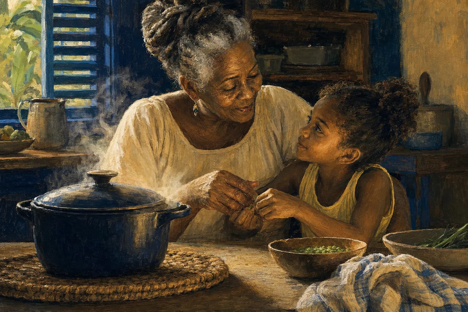 Painterly illustration of a Caribbean Sunday dinner table with warm natural light and refined composition, courtesy of LuxTuris Editorial
