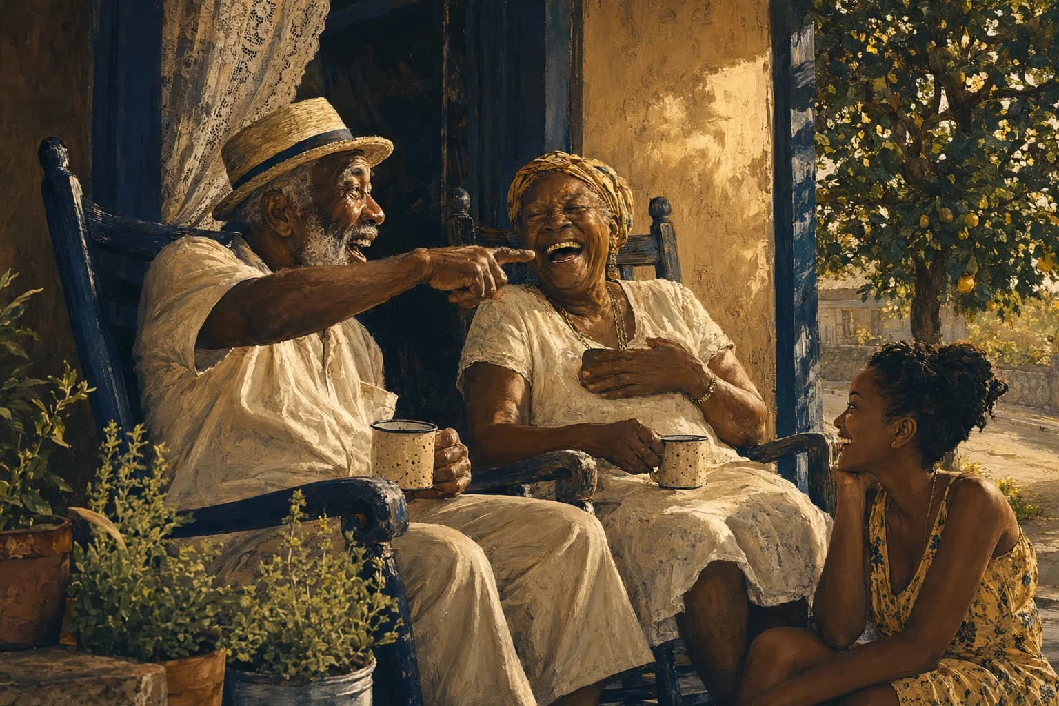Painterly illustration of a Caribbean storytelling scene with a family archive and handwritten notes, courtesy of LuxTuris Editorial