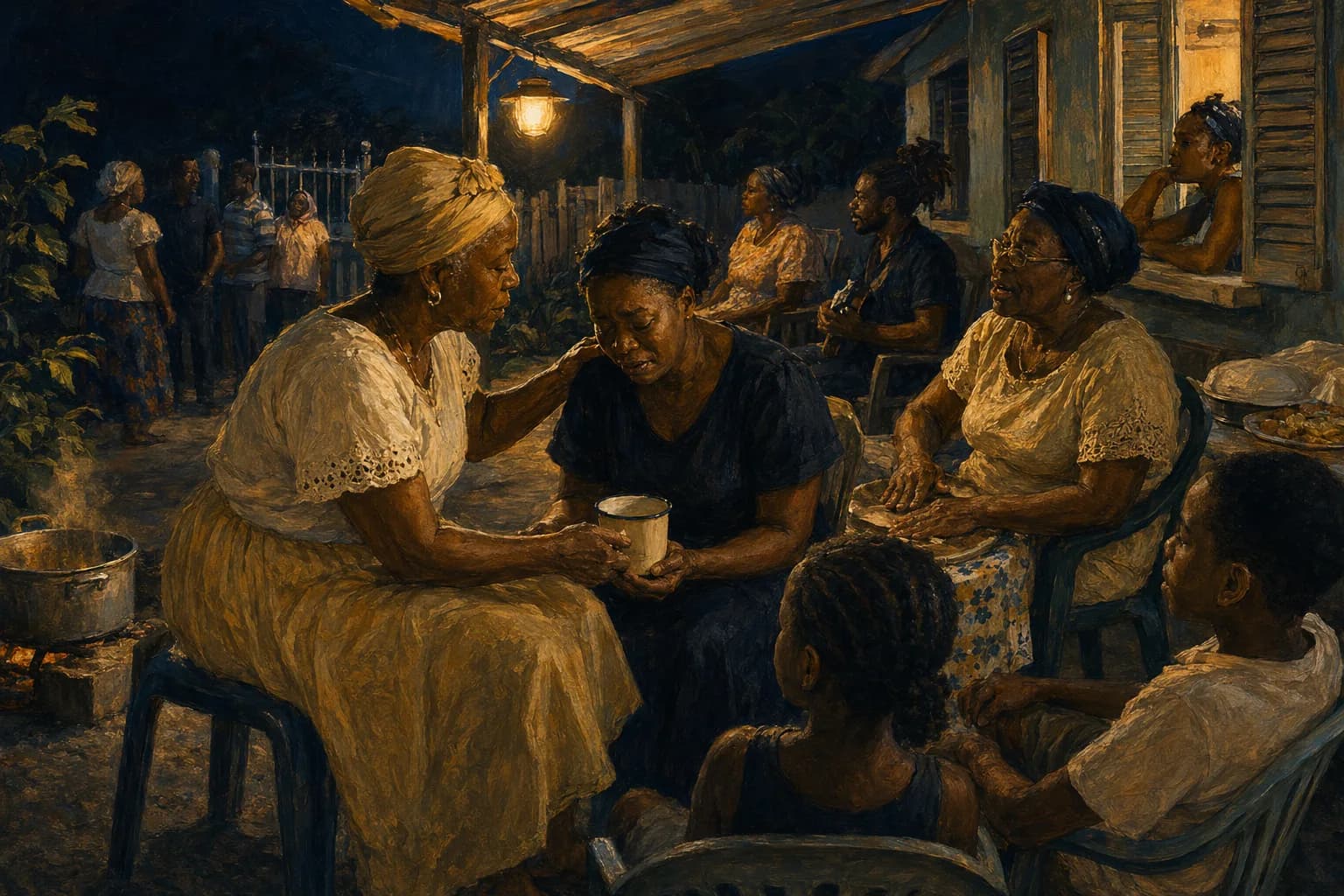 Painterly illustration of people gathered for a Jamaican Nine Night in a lantern-lit yard.