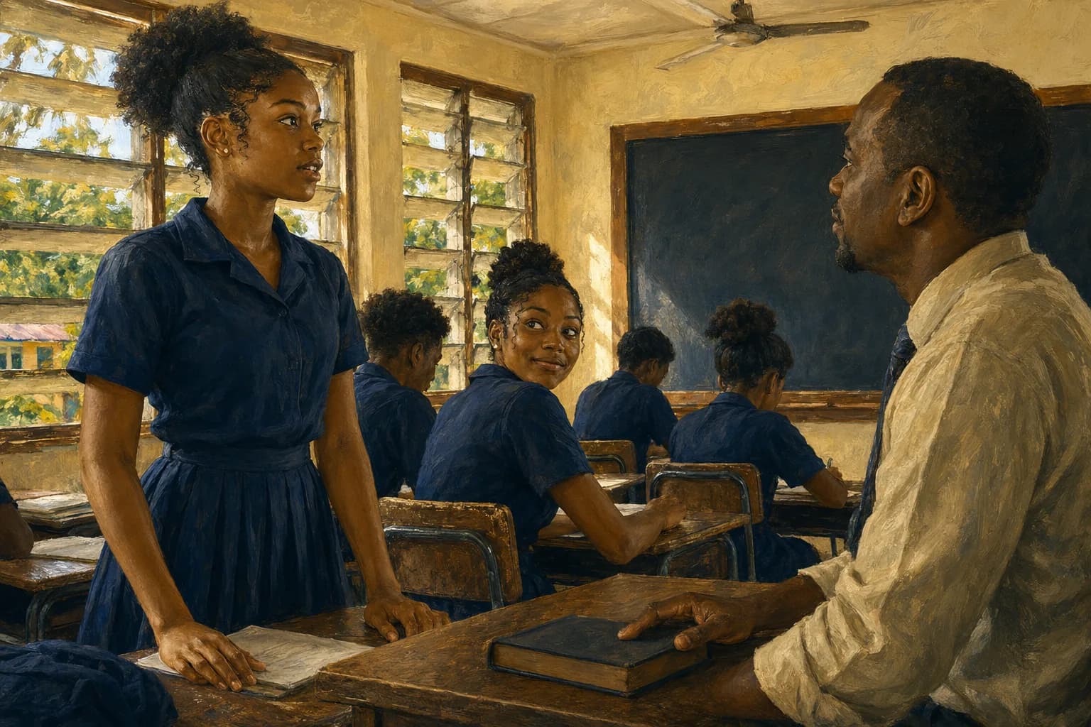Premium photorealistic Caribbean classroom language editorial visual with notebooks and warm light