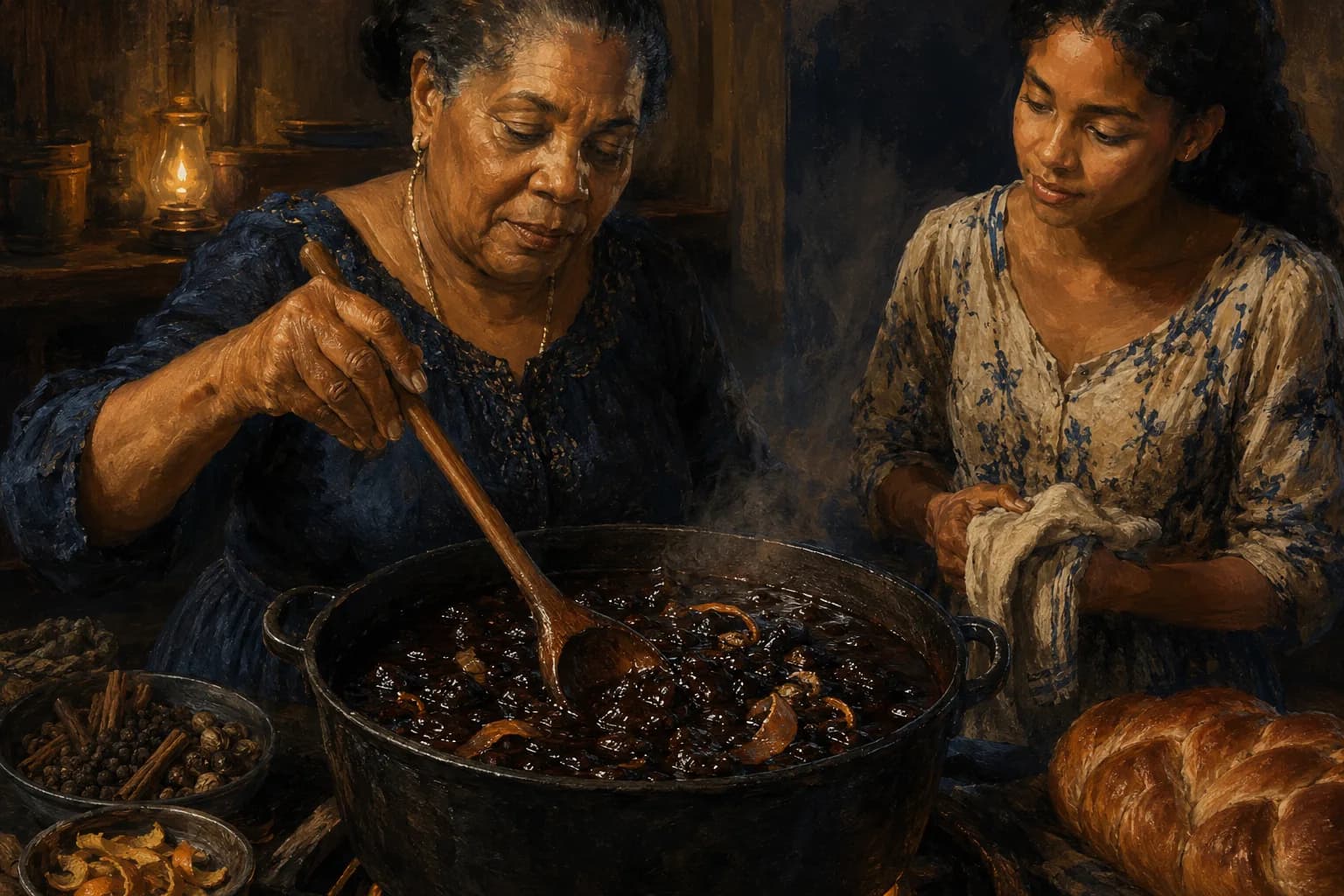 Painterly illustration of a Guyanese holiday food table with warm natural light and refined detail, courtesy of LuxTuris Editorial
