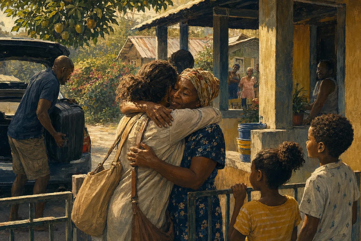Painterly illustration of a Caribbean diaspora return-travel scene with family bags, warm light, and island memory, courtesy of LuxTuris Editorial