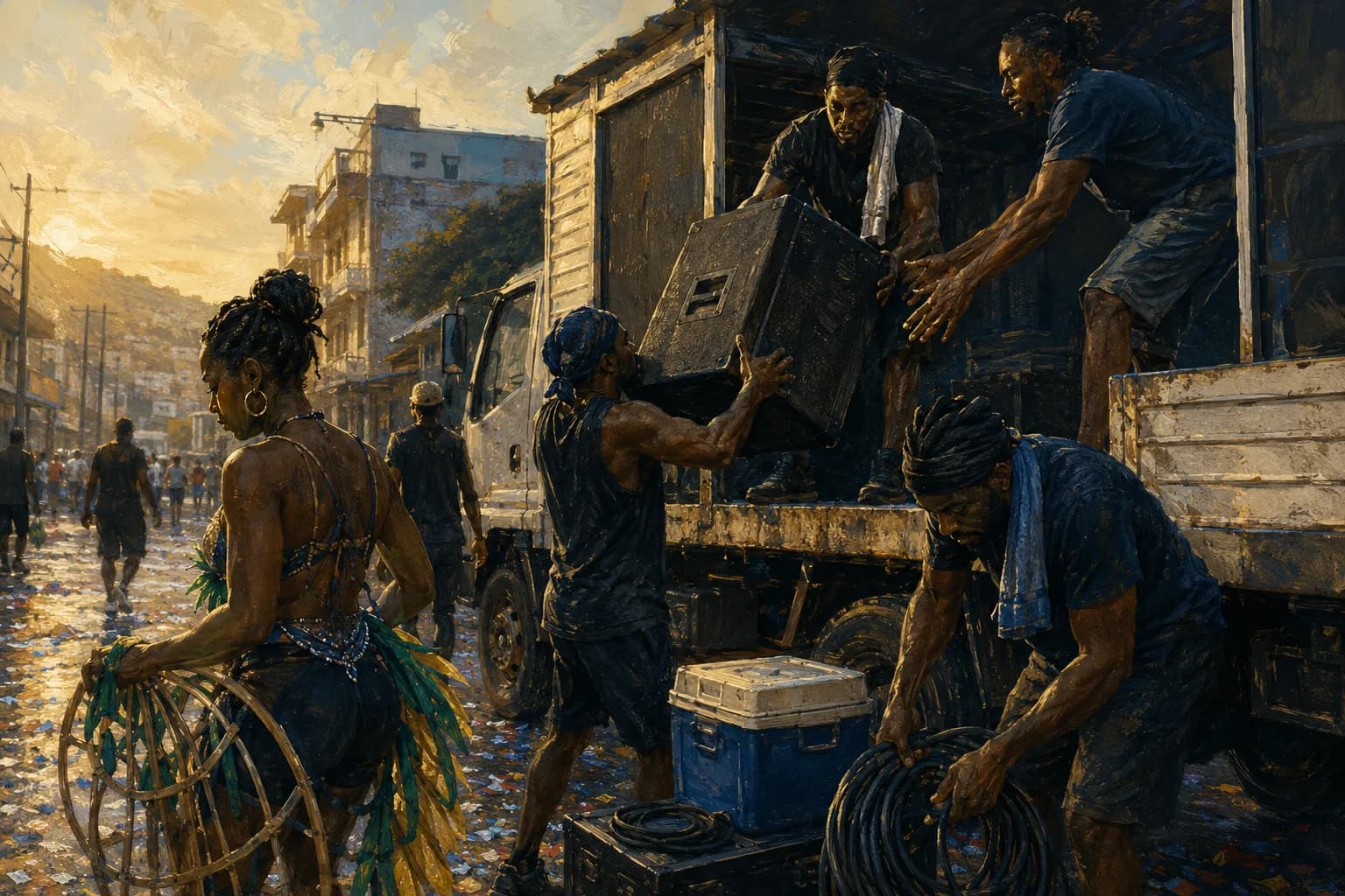 Painterly illustration of a Saint Lucia carnival travel scene with refined festival color, courtesy of LuxTuris Editorial