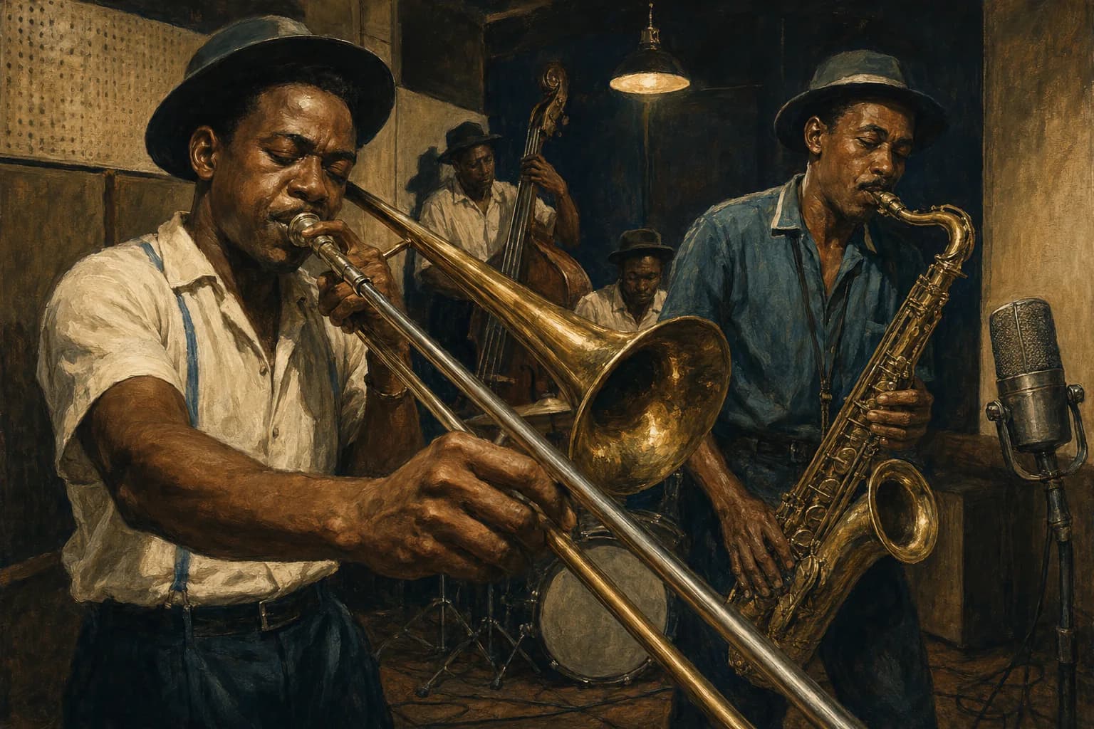 Painterly illustration of a Kingston ska studio with vintage instruments and warm evening light, courtesy of LuxTuris Editorial