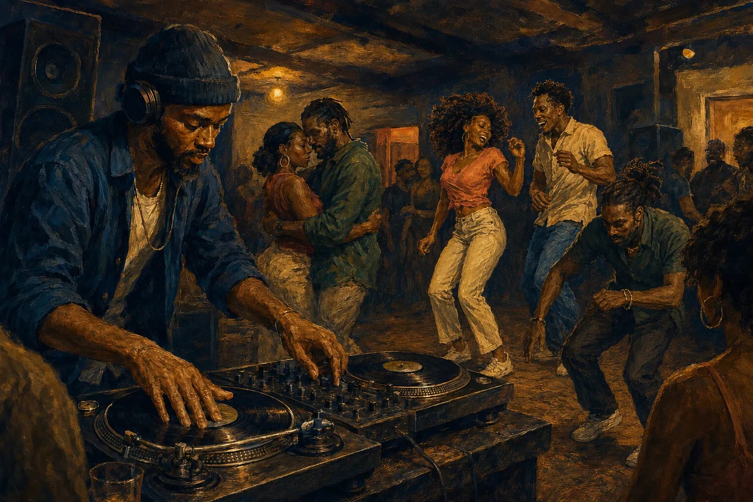 Painterly illustration of a Caribbean music scene with musicians, warm light, and refined cultural atmosphere, courtesy of LuxTuris Editorial