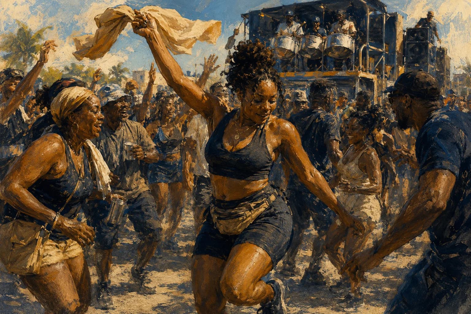 Premium photorealistic soca performance editorial scene with vibrant road energy