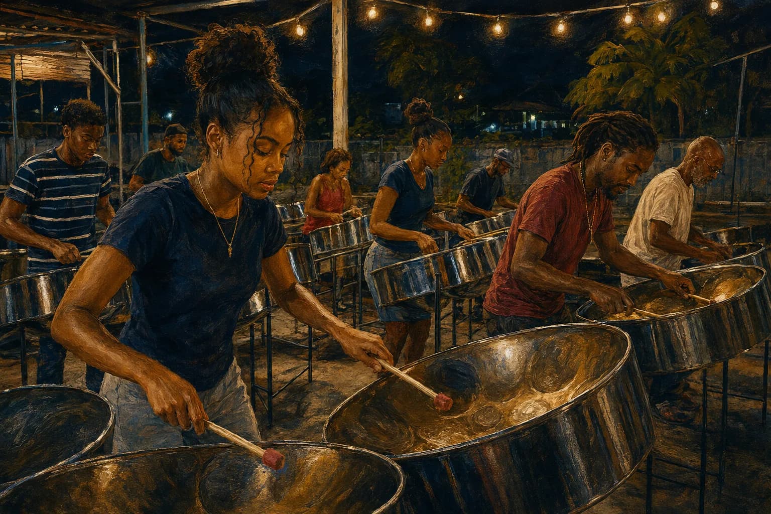 Painterly illustration of a steelpan rehearsal scene with warm Caribbean evening light, courtesy of LuxTuris Editorial