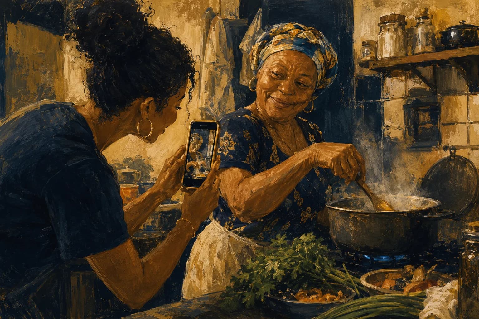 Premium photorealistic Caribbean diaspora creator editorial scene with modern tools, island memory, and warm light