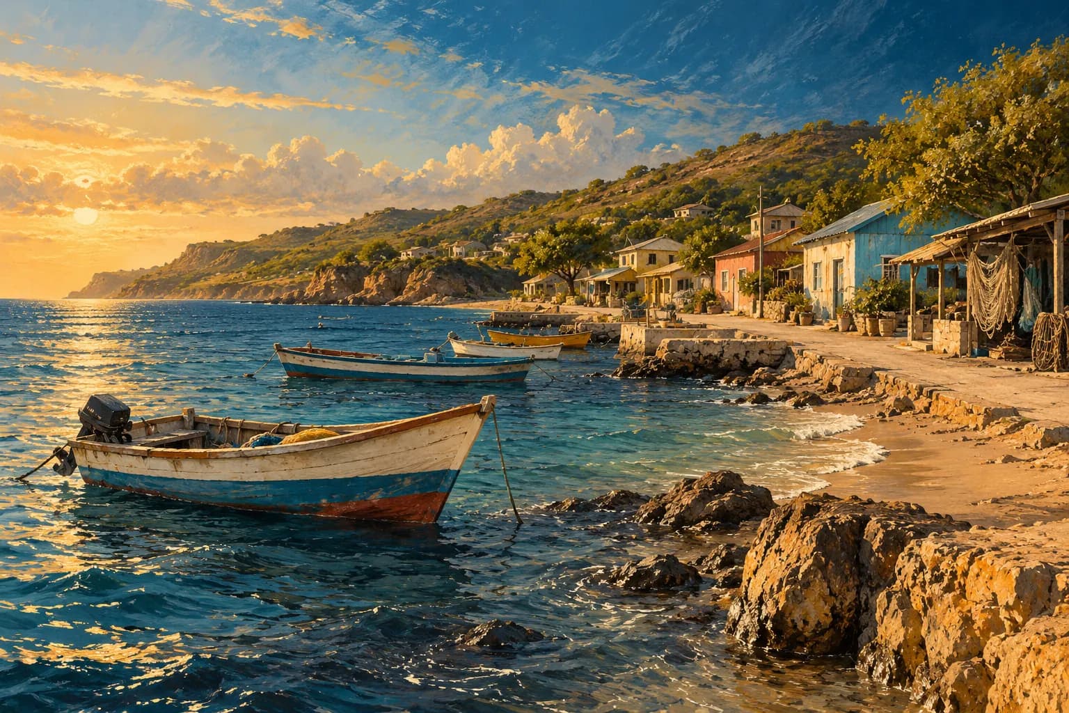 Illustration of fishing boats beside a coastal village at sunset.