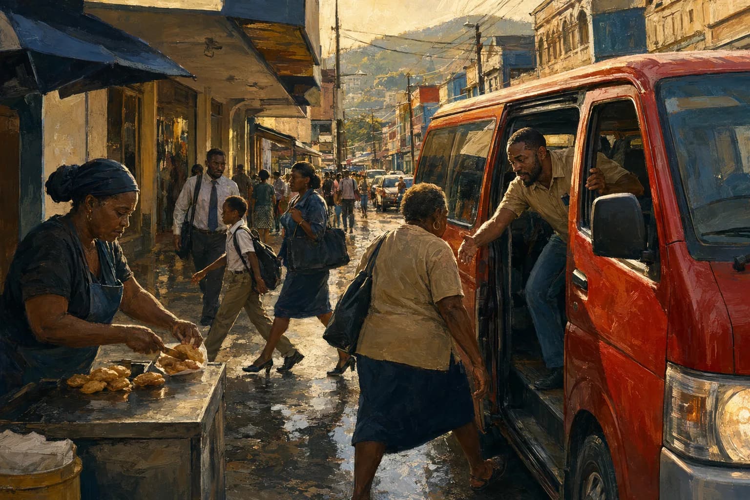 Painterly illustration of a Trinidad scene capturing convergence, motion, and warm island light, courtesy of LuxTuris Editorial