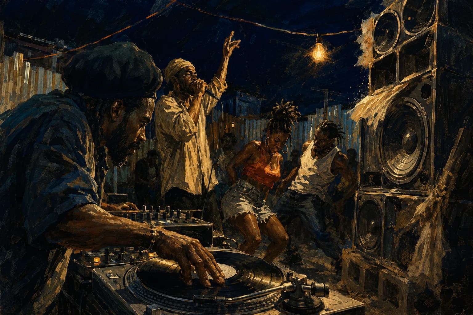 Painterly illustration of a Caribbean music scene with warm gold light, rhythm, and sound system atmosphere, courtesy of LuxTuris Editorial