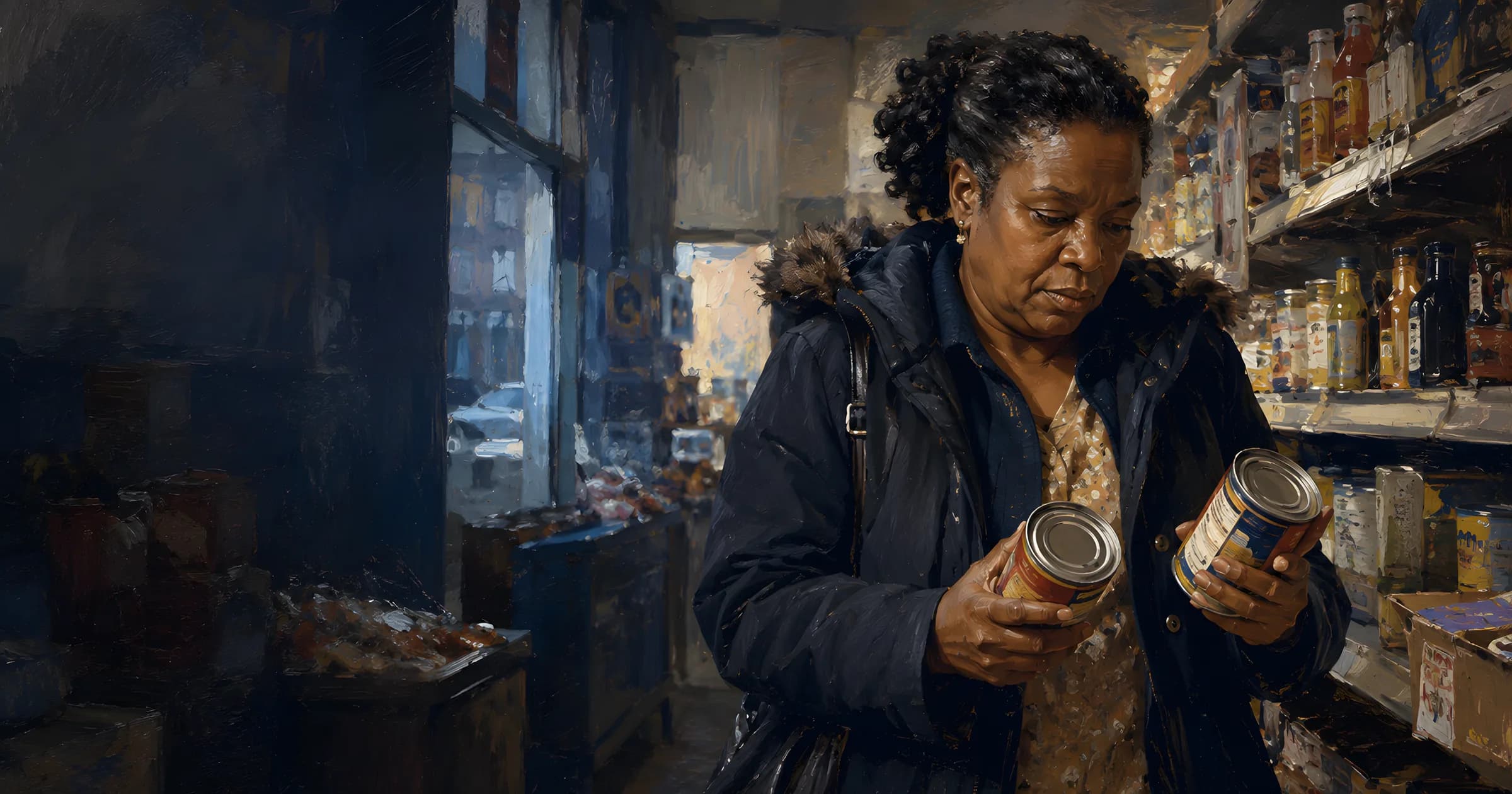 Painterly illustration of a woman in a South London Caribbean grocery, weighing a tin in each hand under cold window light, courtesy of LuxTuris Editorial
