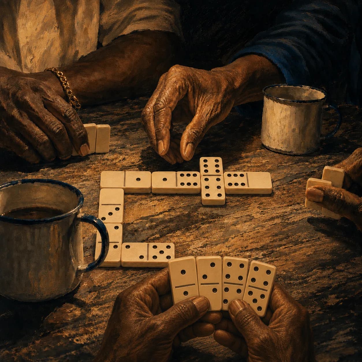 Painterly illustration of hands at a domino table, one tile mid-placement beside enamel mugs in warm evening light, courtesy of LuxTuris Editorial